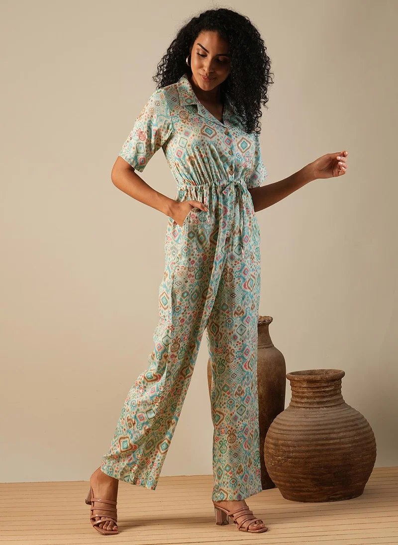 globus Globus Women Cuban Collar Geometric Print Waist Tie-Ups Fusion Jumpsuit